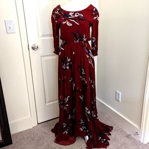 ChicWish Size Small Burgundy Long Sleeve Maxi Dress W/ Shark Bite Hemline Floral